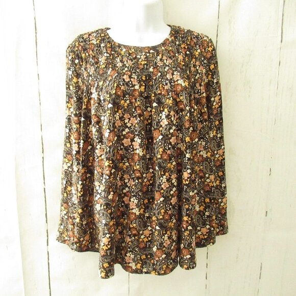J Jill Top S Small Petite Black Brown Floral Paisley Long Sleeve Boho Peasant - Picture 1 of 6